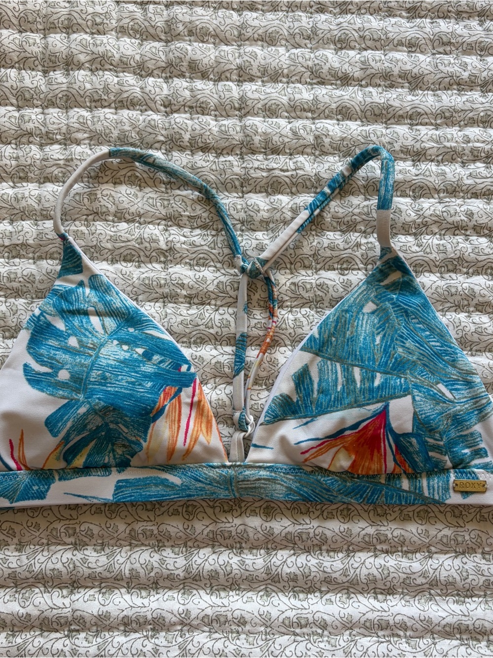 Roxy White Bikini Top with Teal Tropical Leaf Print